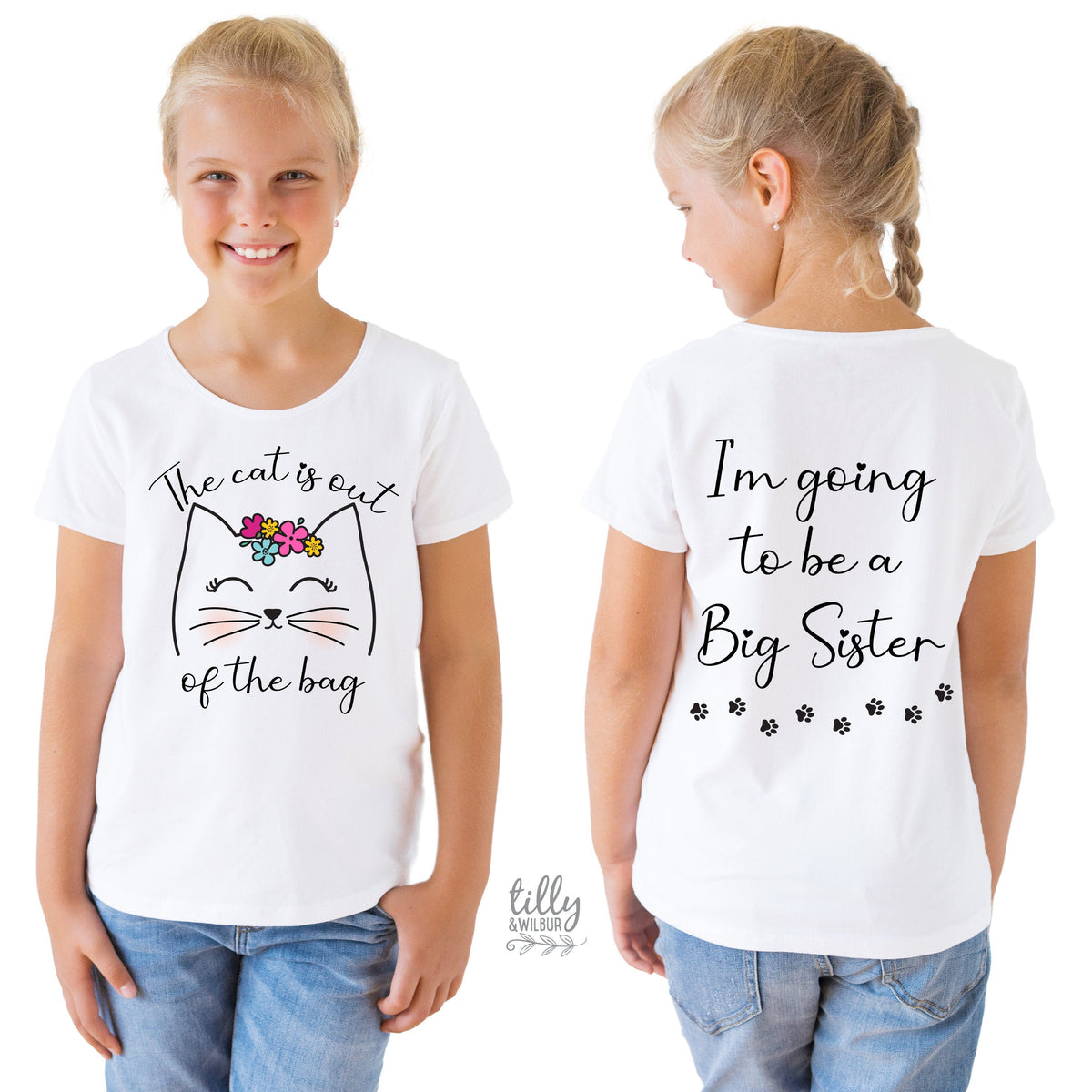 I've Got A Secret, I'm Going To Be A Big Sister T-Shirt for Girls, Front And Back Design, Big Sister Shirt, Pregnancy Announcement, Cat Tee