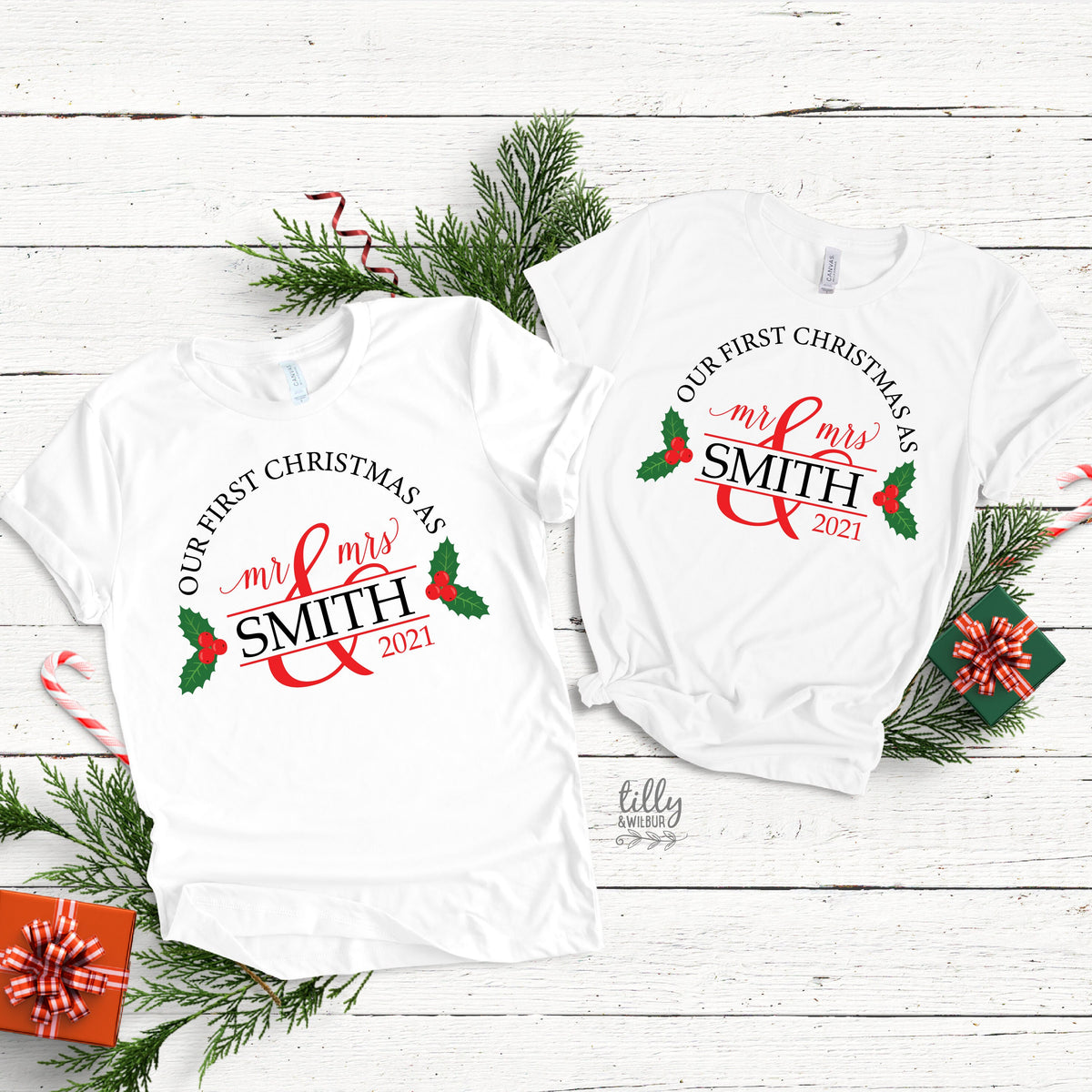Mr and Mrs Christmas T-Shirts, Mr & Mrs Matching Christmas T-Shirts, Personalised First Christmas Married, Newlyweds, His and Hers Tees