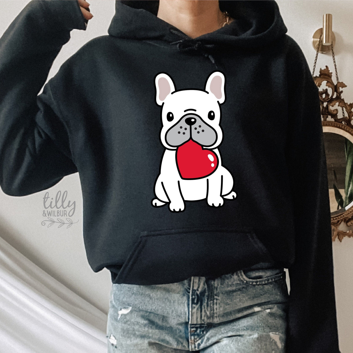Frenchie Valentine Hoodie, Valentine's Day Jumper, Wife Gift, Girlfriend Gift, Valentine's Day T-Shirt, Valentine's Day Gift, Love Heart