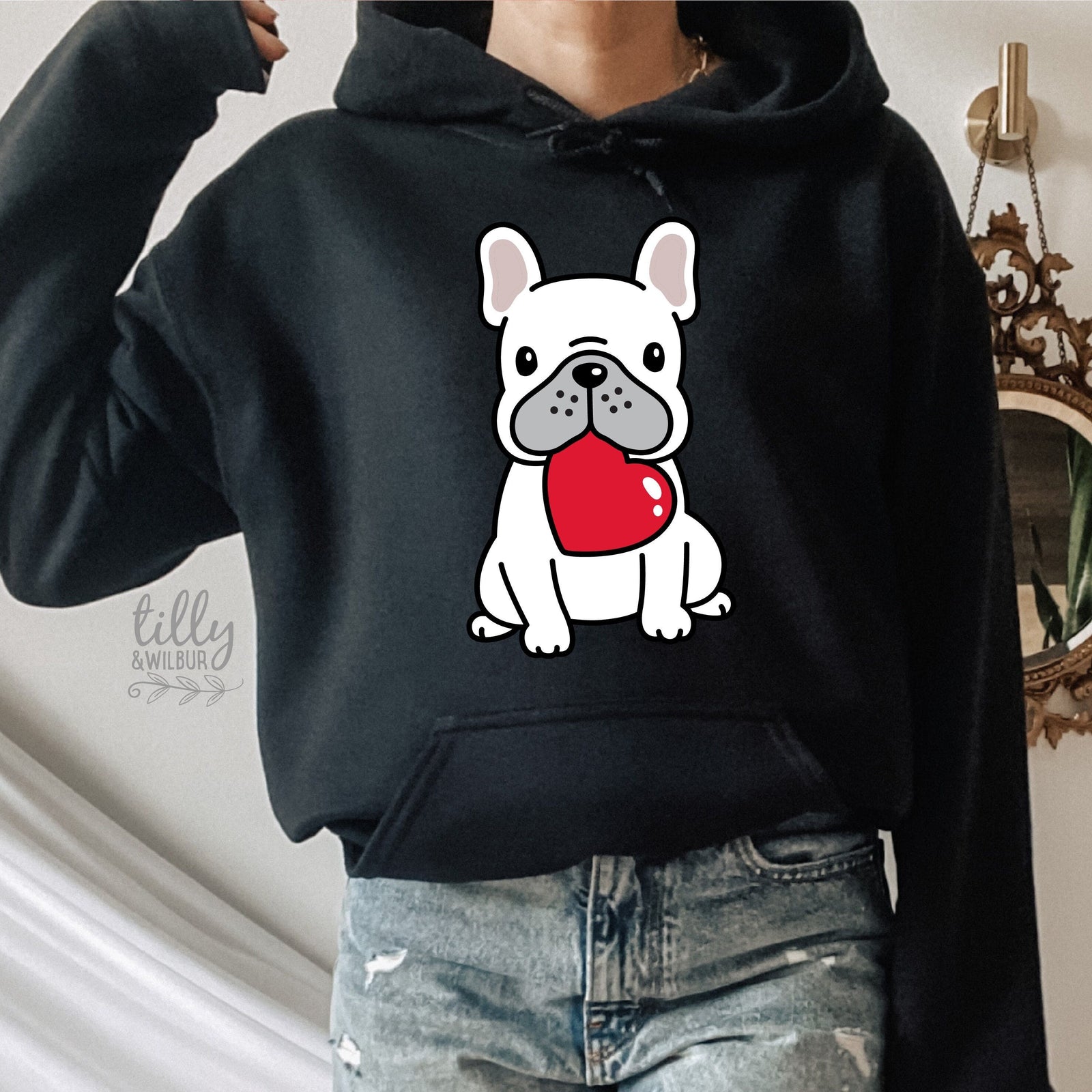 Frenchie Valentine Hoodie, Valentine's Day Jumper, Wife Gift, Girlfriend Gift, Valentine's Day T-Shirt, Valentine's Day Gift, Love Heart