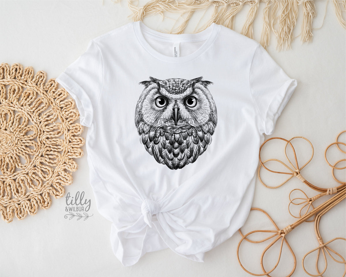 Owl T-Shirt, Women's Owl T-Shirt, Bird Print, Bird Lover Gift, Birdwatcher T-Shirt, Night Owl T-Shirt, Graphic Tee, , Owl Art, Owl Drawing