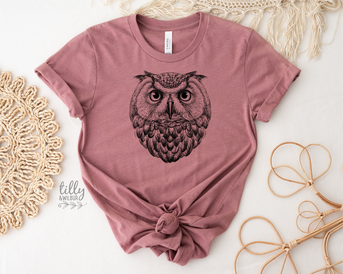 Owl T-Shirt, Women's Owl T-Shirt, Bird Print, Bird Lover Gift, Birdwatcher T-Shirt, Night Owl T-Shirt, Graphic Tee, , Owl Art, Owl Drawing