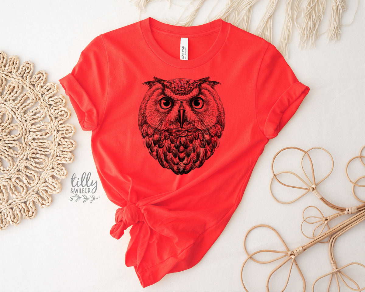 Owl T-Shirt, Women's Owl T-Shirt, Bird Print, Bird Lover Gift, Birdwatcher T-Shirt, Night Owl T-Shirt, Graphic Tee, , Owl Art, Owl Drawing