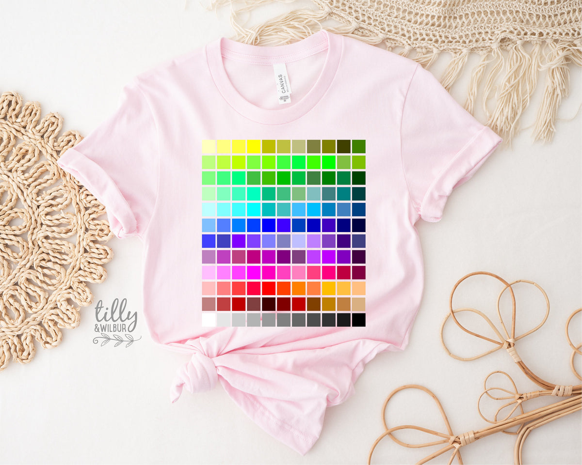 Colour Chart T-Shirt, Pantone T-Shirt, Pantone Colour Chart Print, Designer T-Shirt, Rainbow Pantone Style T-Shirt, Graphic Artist T-Shirt