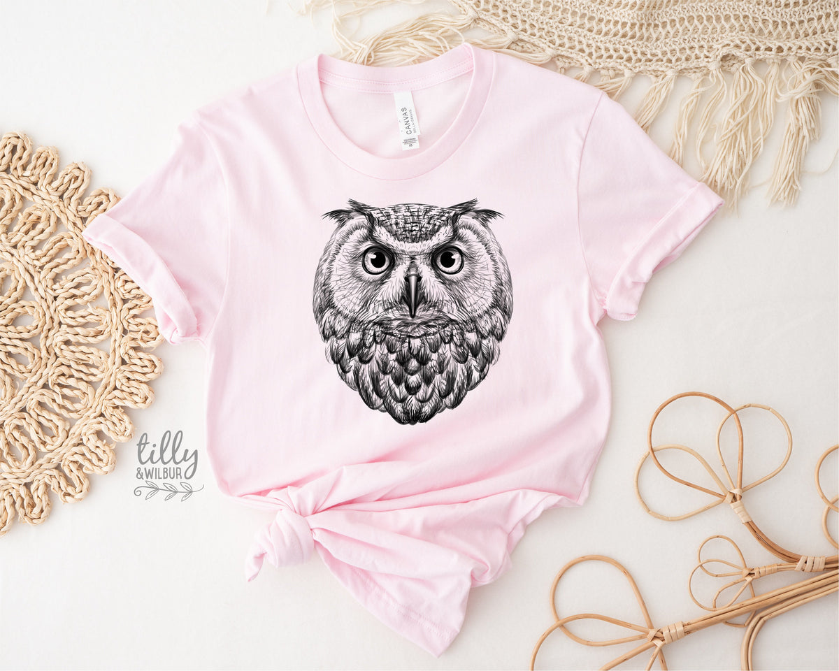 Owl T-Shirt, Women's Owl T-Shirt, Bird Print, Bird Lover Gift, Birdwatcher T-Shirt, Night Owl T-Shirt, Graphic Tee, , Owl Art, Owl Drawing