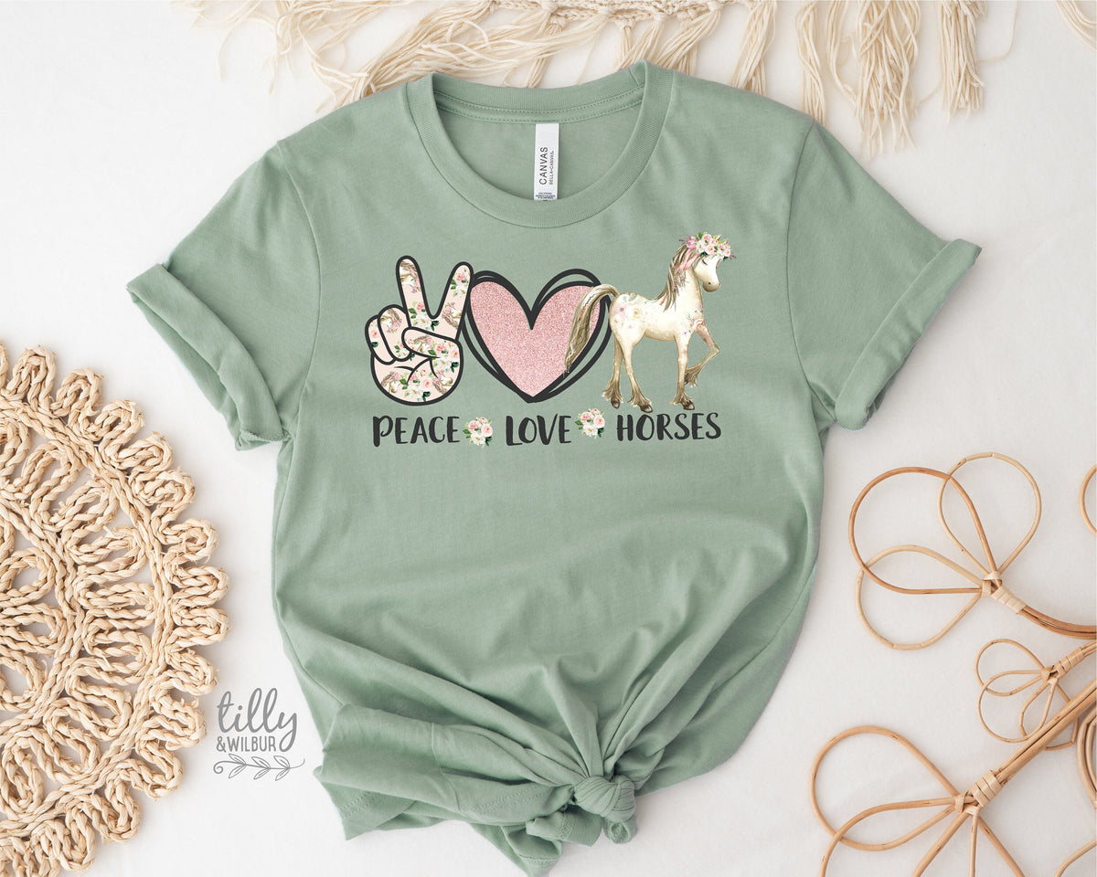 Horse T-Shirt, Peace Love And Horses T-Shirt, Women's Horse T-Shirt, Equestrian Gift, Horse Riding T-Shirt, Just A Girl Who Loves Horses
