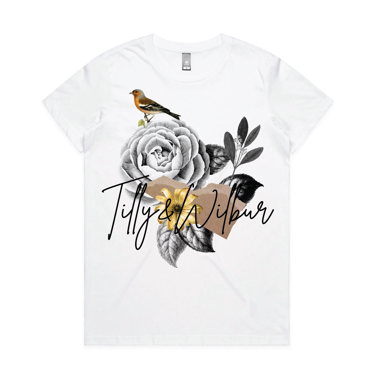 Tilly&Wilbur Signature Range, Vintage Collage T-Shirt, Vintage Bird T-Shirt, Rose T-Shirt, Vintage Scrapbook Art, Vintage Illustration