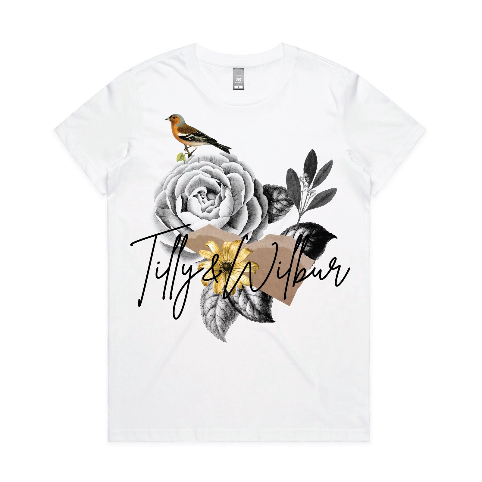 Tilly&Wilbur Signature Range, Vintage Collage T-Shirt, Vintage Bird T-Shirt, Rose T-Shirt, Vintage Scrapbook Art, Vintage Illustration