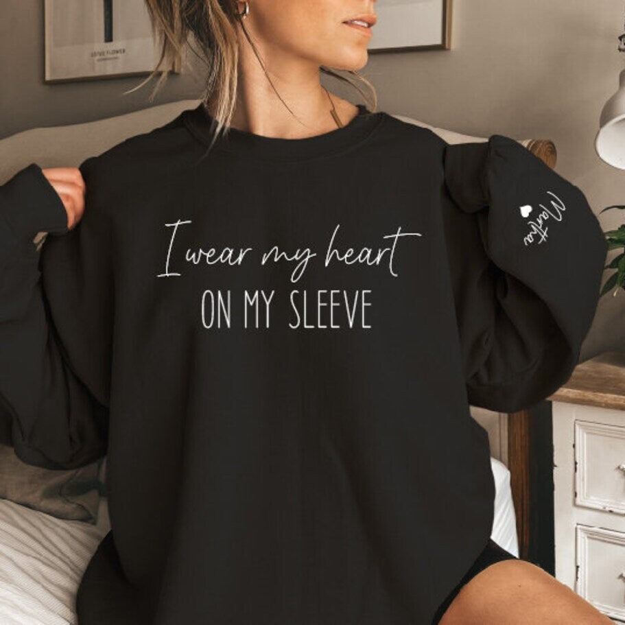 I Wear My Heart On My Sleeve Sweatshirt With Names On Sleeve, Mama Sweatshirt, Mothers Day Gift, Personalised Mum Gift, Mum Life Jumper