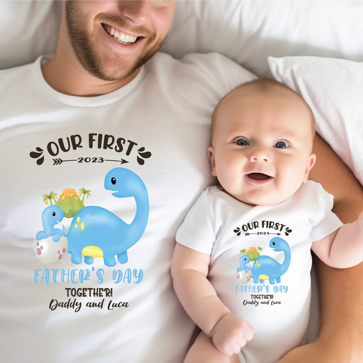 Our First Father's Day 2023 Baby Bodysuit And Dad T-Shirt With Names, Happy 1st Father's Day, Fathers Day Baby, First Fathers Day Baby Gift