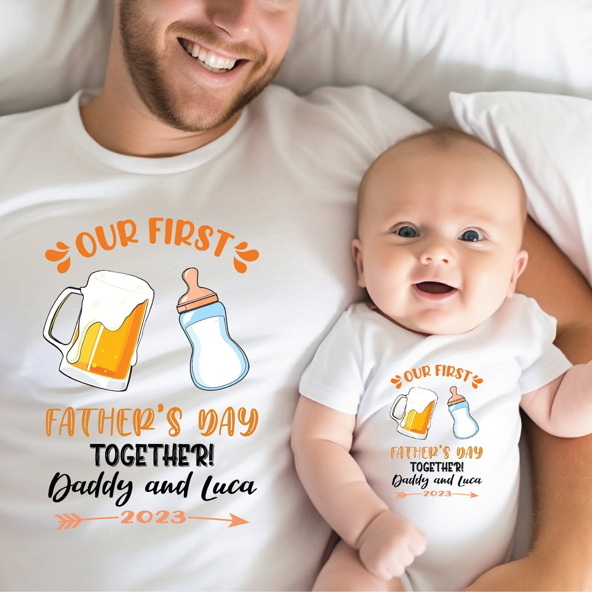 Our First Father's Day 2023 Baby Bodysuit And Dad T-Shirt With Names, Happy 1st Father's Day, Fathers Day Baby, First Fathers Day Baby Gift