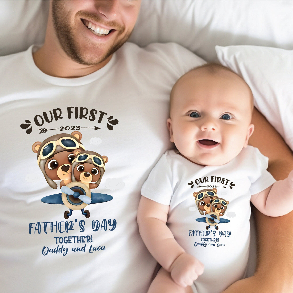 Our First Father's Day 2023 Baby Bodysuit And Dad T-Shirt With Names, Happy 1st Father's Day, Fathers Day Baby, First Fathers Day Baby Gift