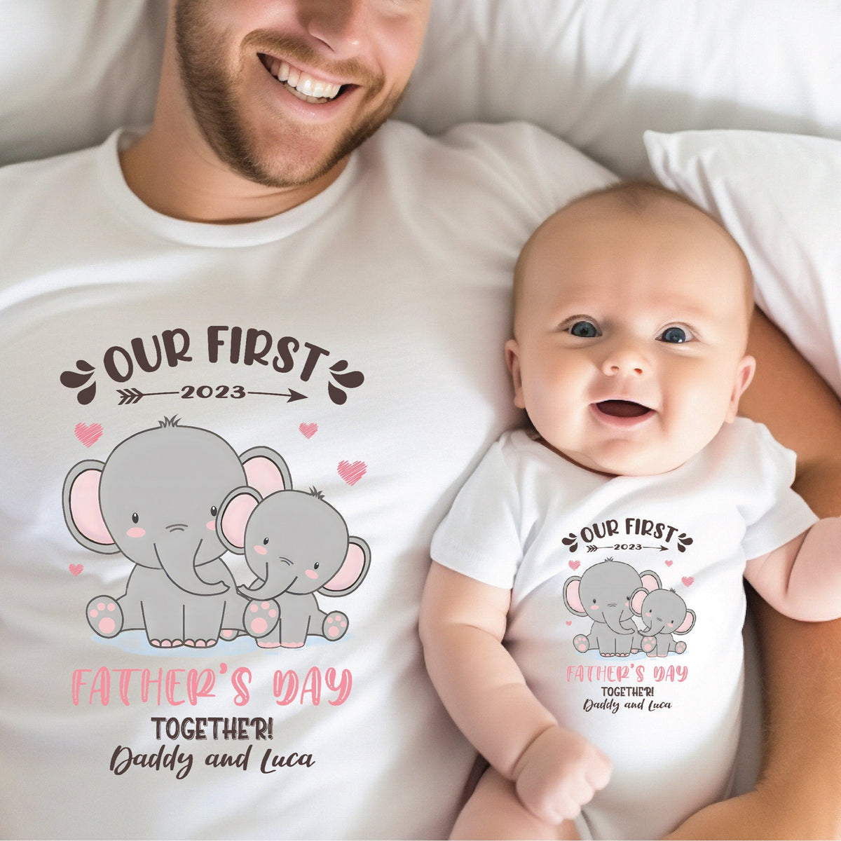 Our First Father's Day 2023 Baby Bodysuit And Dad T-Shirt With Names, Happy 1st Father's Day, Fathers Day Baby, First Fathers Day Baby Gift
