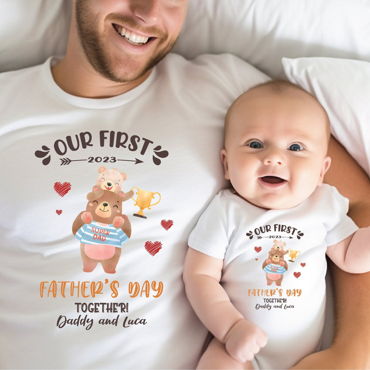 Our First Father's Day 2023 Baby Bodysuit And Dad T-Shirt With Names, Happy 1st Father's Day, Fathers Day Baby, First Fathers Day Baby Gift