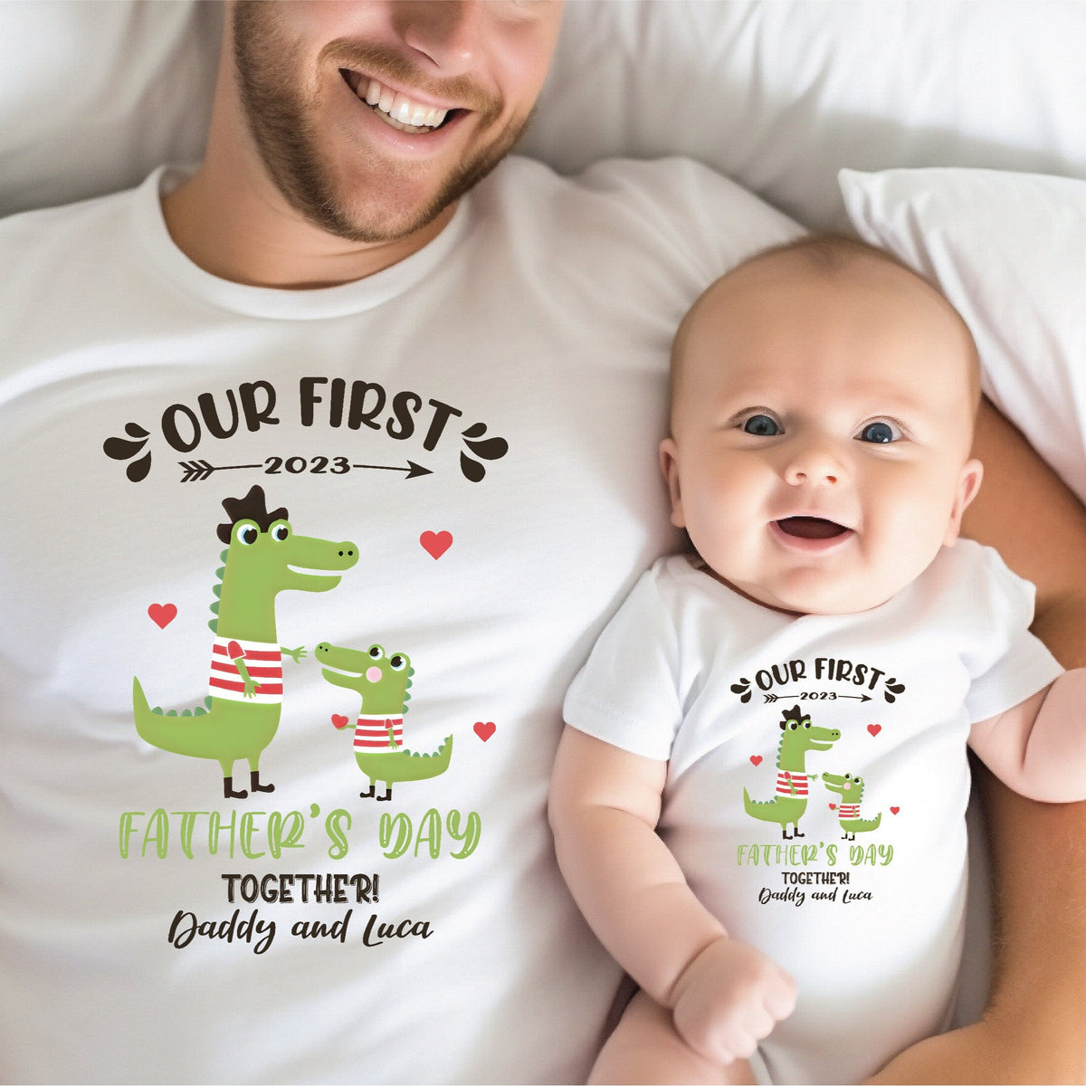 Our First Father's Day 2023 Baby Bodysuit And Dad T-Shirt With Names, Happy 1st Father's Day, Fathers Day Baby, First Fathers Day Baby Gift
