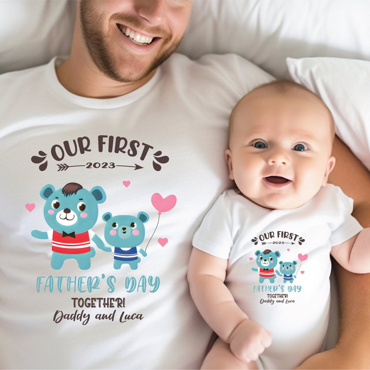 Our First Father's Day 2023 Baby Bodysuit And Dad T-Shirt With Names, Happy 1st Father's Day, Fathers Day Baby, First Fathers Day Baby Gift
