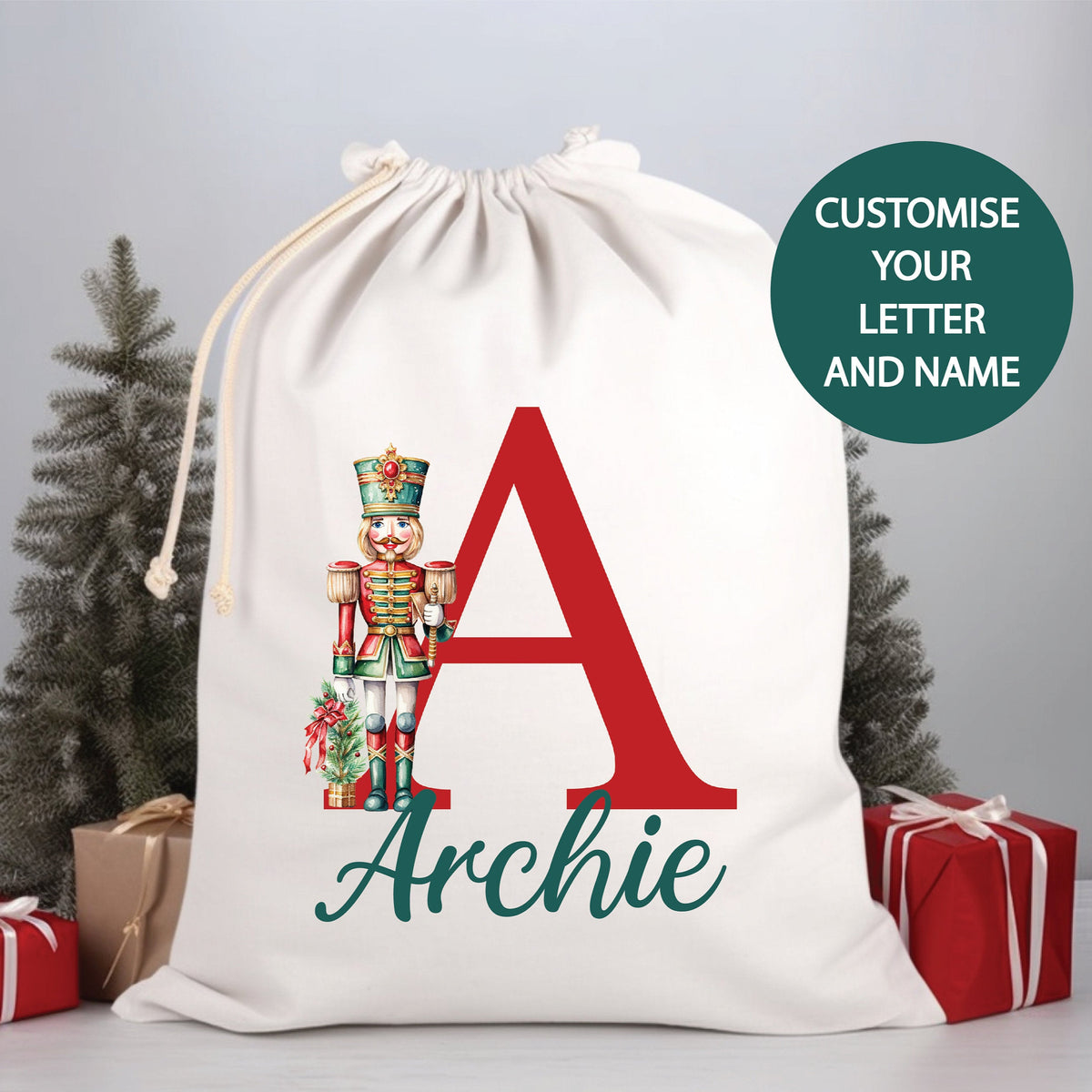 Personalised Santa Sack, Nutcracker Alphabet Santa Sack, 50x70cm, High Quality Cotton Linen, Christmas Gift Bag, Christmas Keepsake, Ballet