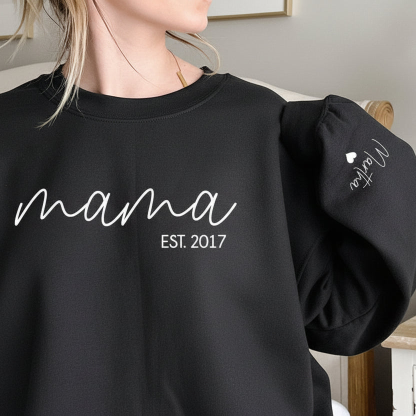 Personalised mama sweatshirt with custom est year and sleeve names beige jumper Australia