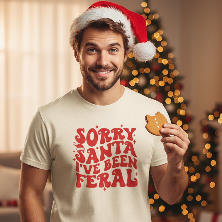Beige t-shirt with red text 'Sorry Santa I've Been Feral' on a white background