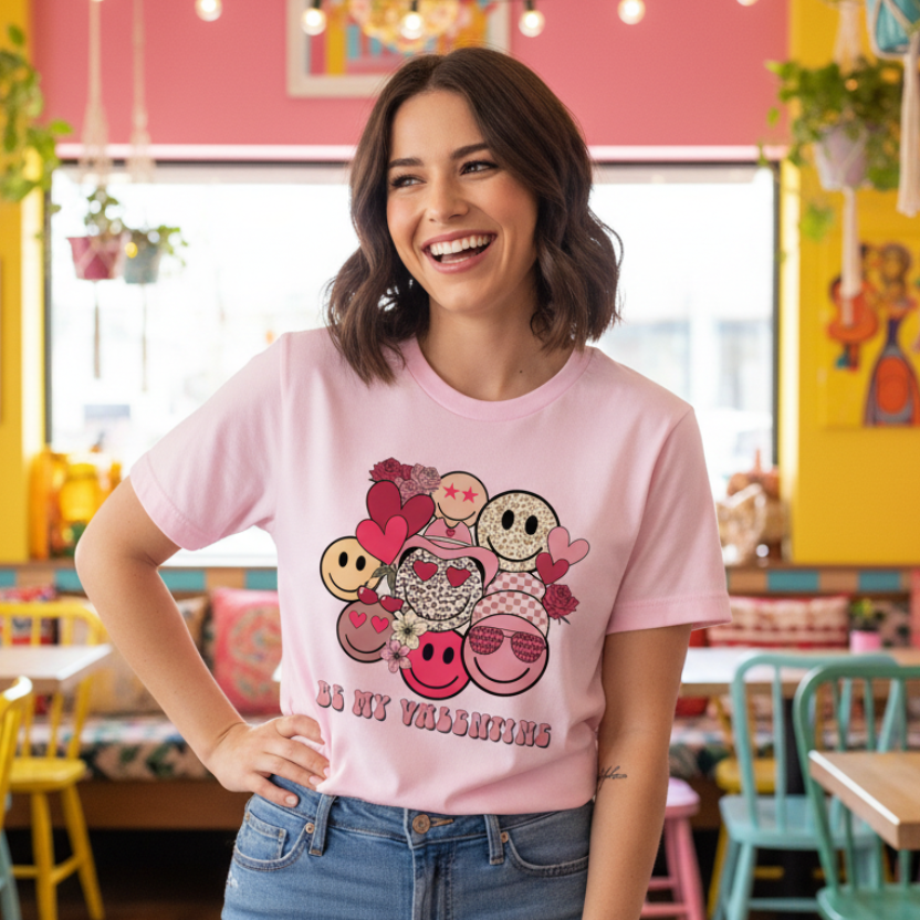 A pink t-shirt with a graphic print that includes hearts, smiley faces, and the text 'BE MY VALENTINE!' displayed.