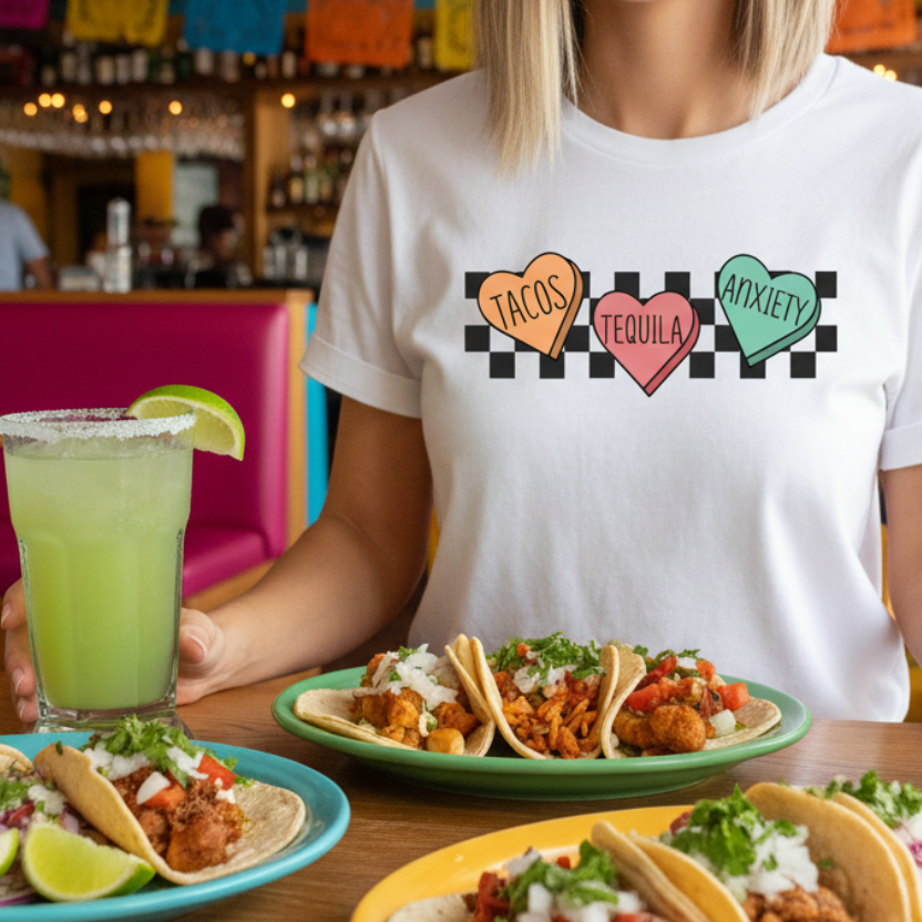 A person sitting wearing a white t-shirt with a graphic that says 'TACOS TEQUILA ANXIOUS' and heart shapes representing different colors and sizes, indicating the shirt is printed in Australia.