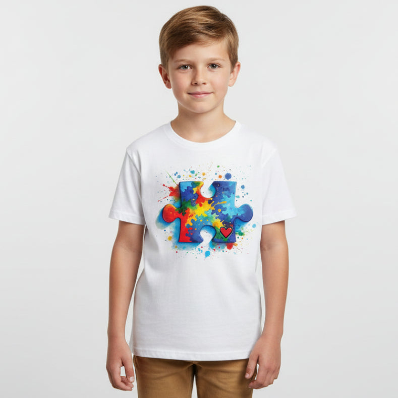 A white t-shirt with a colorful puzzle piece design and a heart symbol on it, promoting autism awareness.