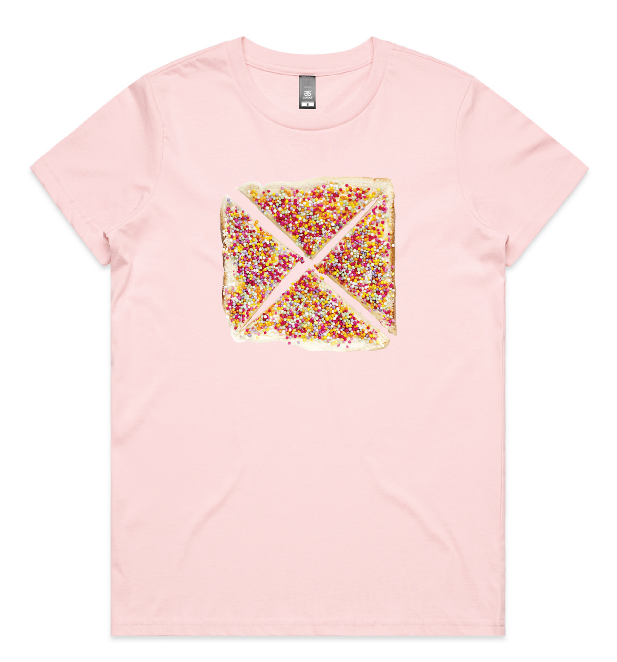Pink t-shirt with a colorful geometric design on a white background