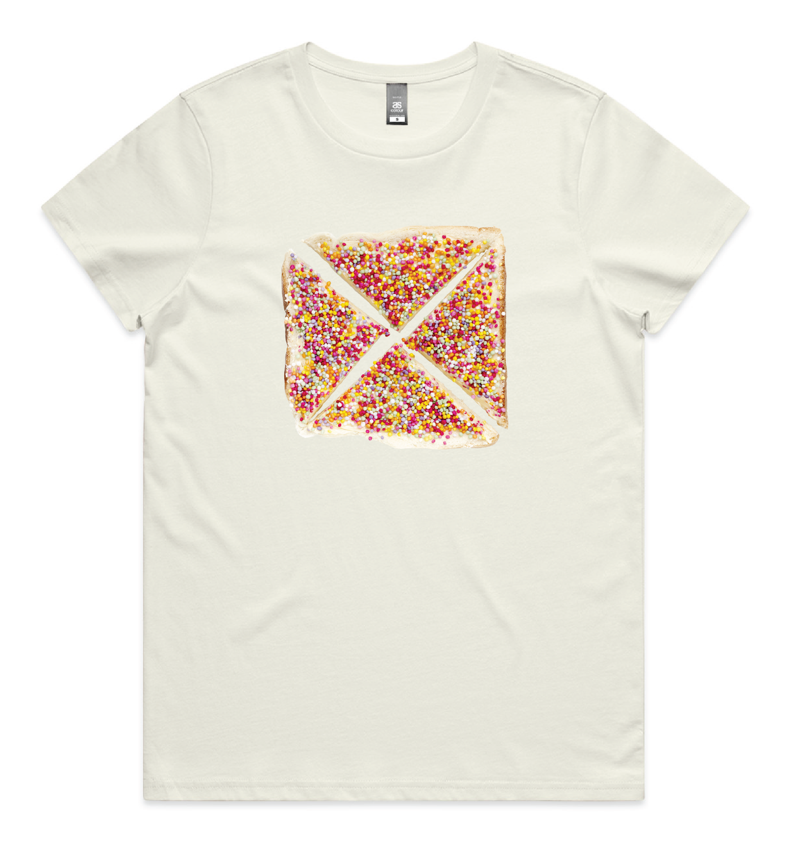 Black t-shirt with a colorful graphic design on a white surface with decorative elements.