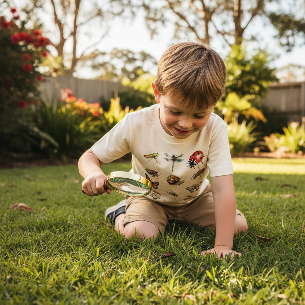 A beige t-shirt with a collection of colorful illustrated bugs and the text 'LOTS OF SELLES & COLOURS'.