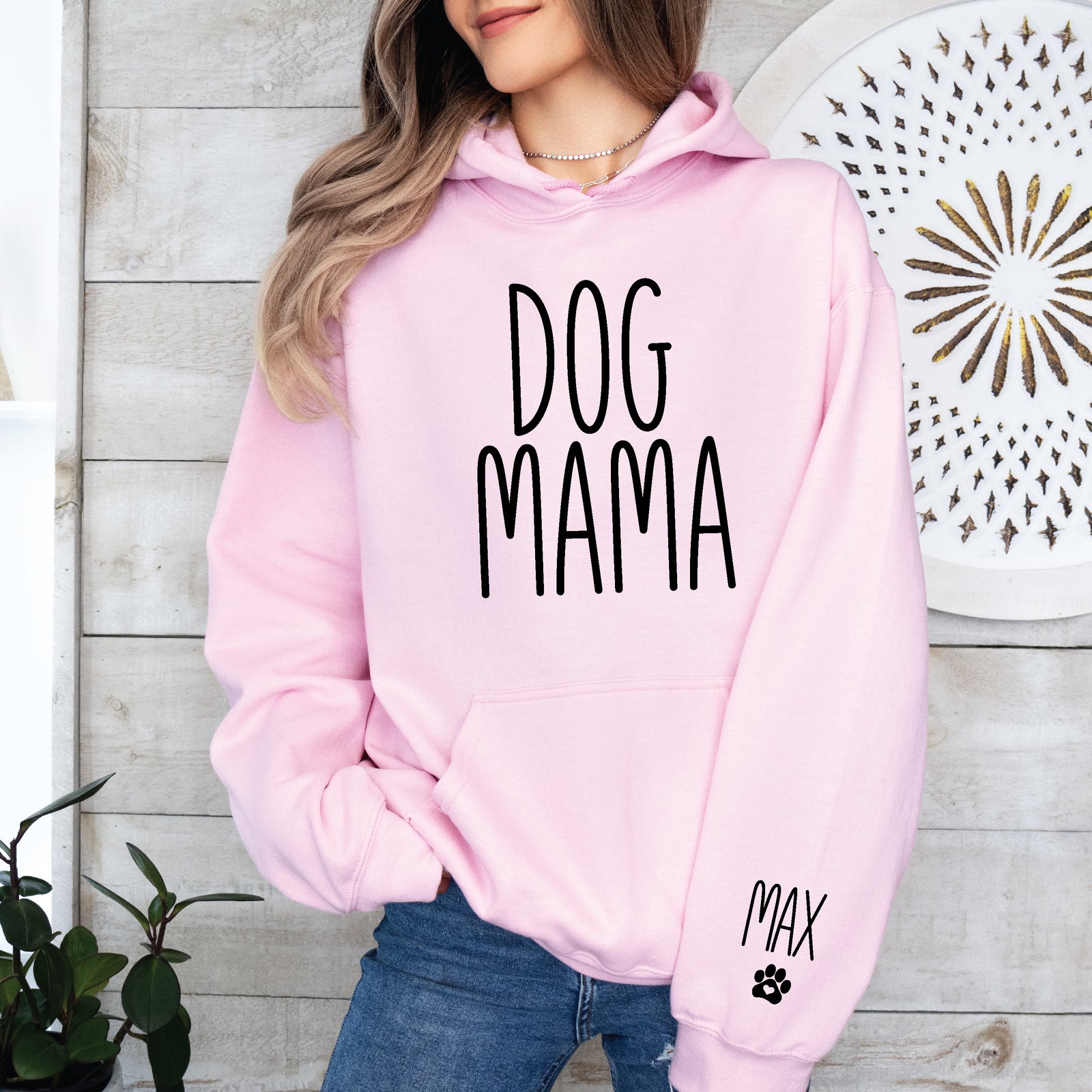Dog Mama with Doggy Names on Sleeve