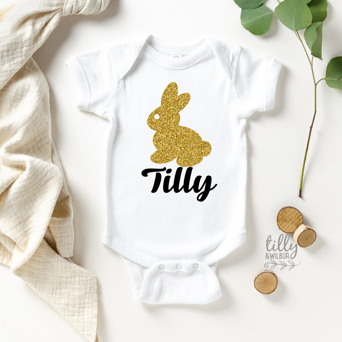 Personalised Gold Bunny Easter Shirt – Faux Glitter Bunny Name Top for Girls, Babies &amp; Kids