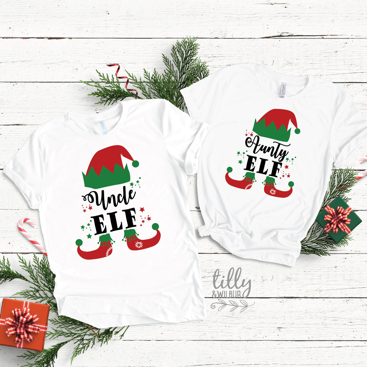 *MORE COLOURS AVAILABLE* Aunty Elf and Uncle Elf Personalised Matching T-Shirts, Matching Christmas Shirts, Matching Elf T-Shirts, Niece and Nephew Christmas Gift