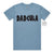 Blue t-shirt with 'DADCULA' text on a white background