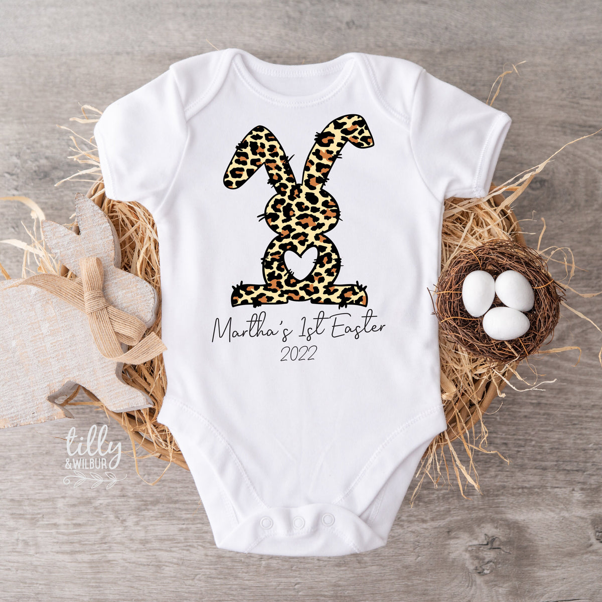 Personalised My 1st Easter Baby Bodysuit | Custom Name Easter Outfit | Leopard Bunny Baby Gift