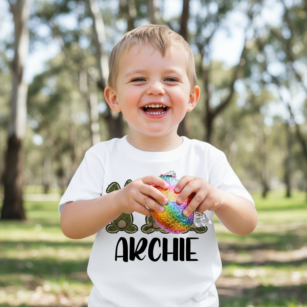 Personalised kids Easter shirt with camo bunny design and custom name printed on white t-shirt