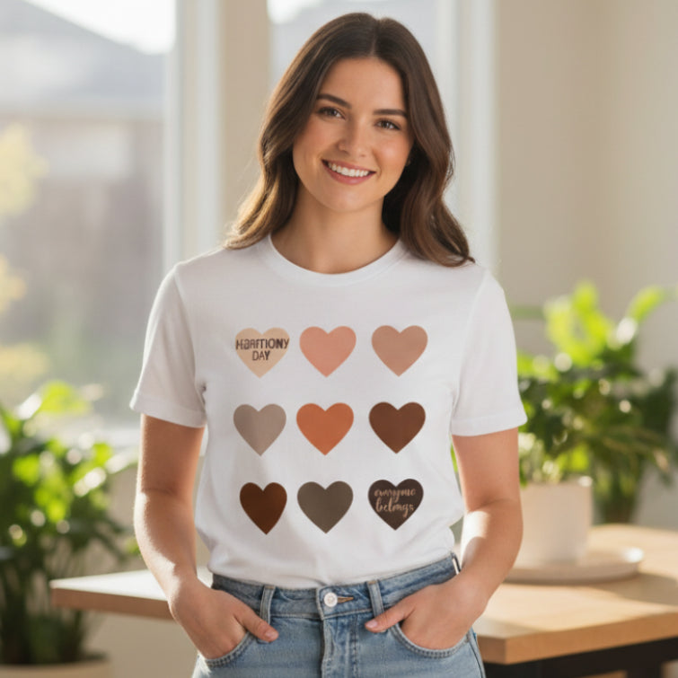 White t-shirt with heart-shaped designs and text on a white background