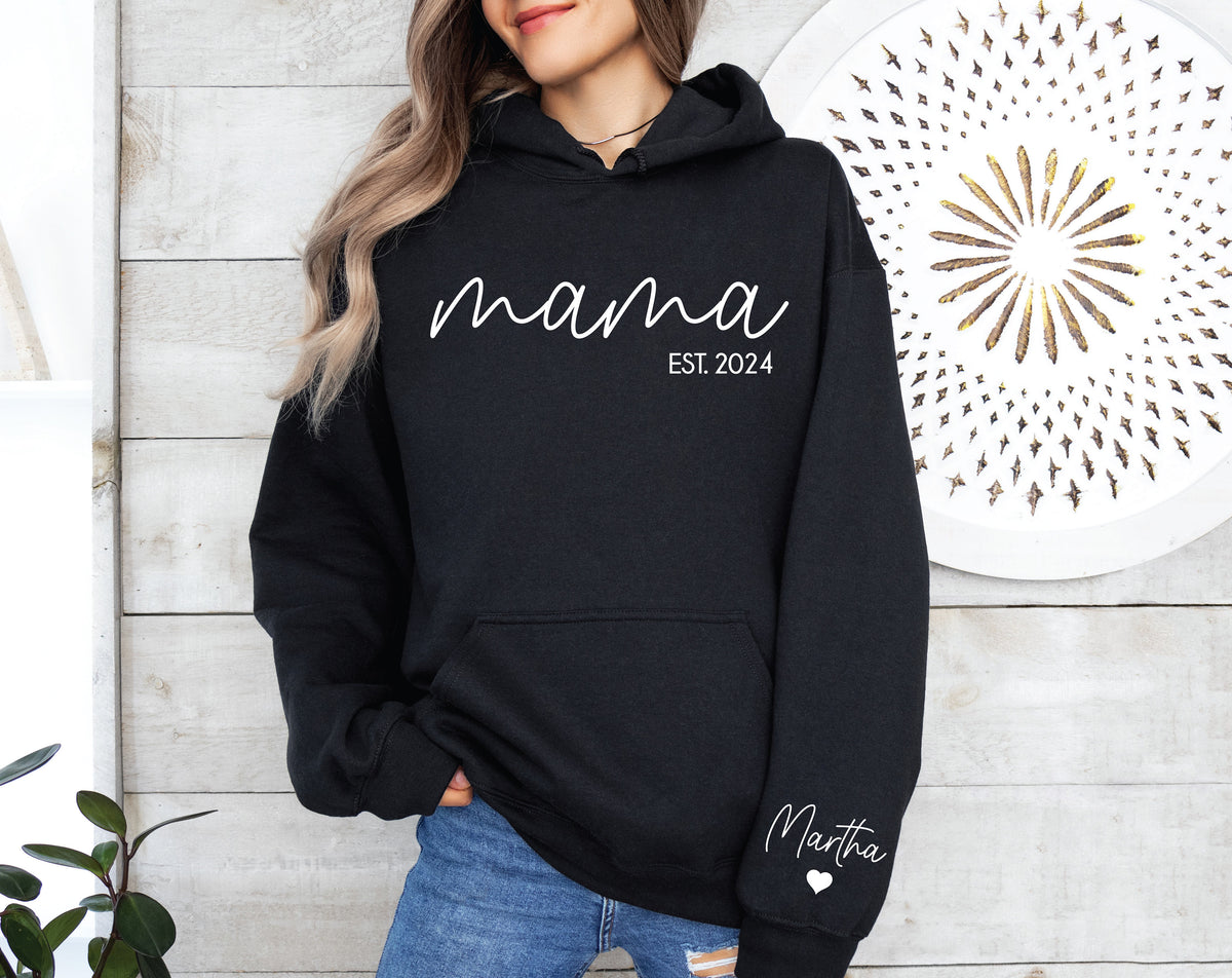 Mama Hoodie With Date And Block Name On Sleeve, Mama Est Sweatshirt, Mothers Day Gift, Personalised Mum Gift, Mum Life Jumper, New Mum Hoody