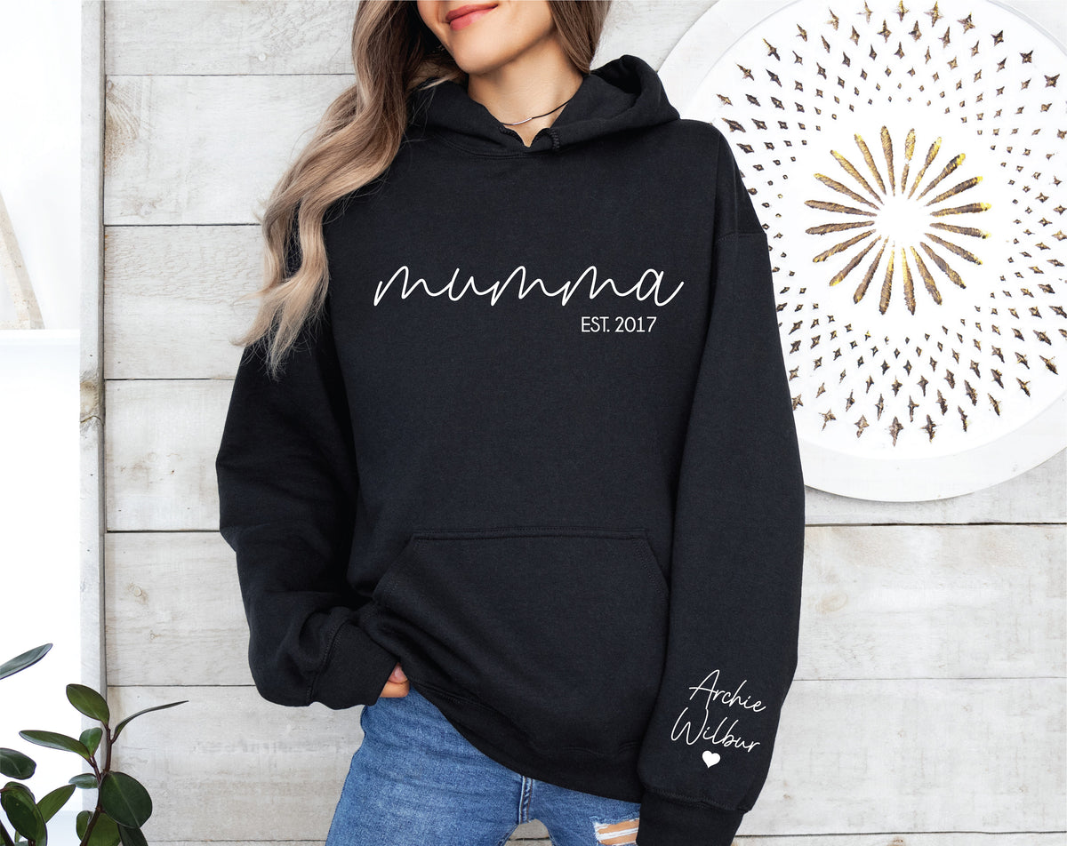 Mumma Hoodie With Name On Sleeve, Mama Est Sweatshirt, Mothers Day Gift, Personalised Mum Gift, Mum Life Jumper, New Mum Hoody, Custom Mama