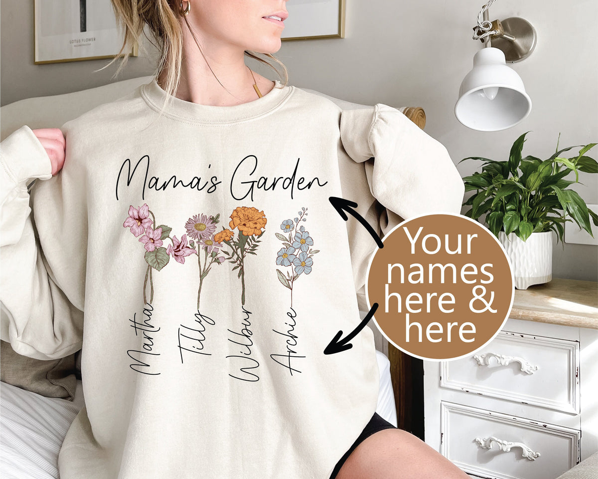 Personalised Garden Sweatshirt With Names, Mama Sweatshirt With Flowers, Mother&#39;s Day Gift, Personalised Mum Gift, Mum Life Jumper, Mumma