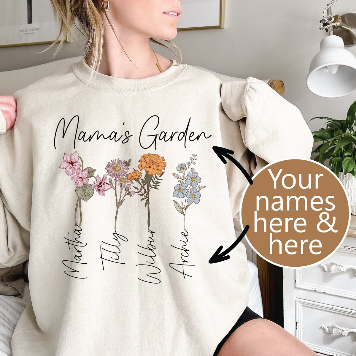 Personalised Garden Sweatshirt With Names, Mama Sweatshirt With Flowers, Mother's Day Gift, Personalised Mum Gift, Mum Life Jumper, Mumma