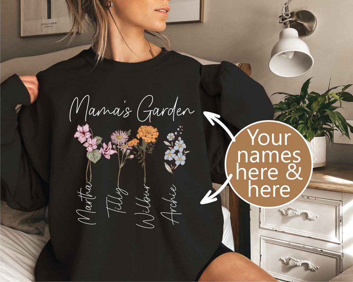 Personalised Garden Sweatshirt With Names, Mama Sweatshirt With Flowers, Mother&#39;s Day Gift, Personalised Mum Gift, Mum Life Jumper, Mumma