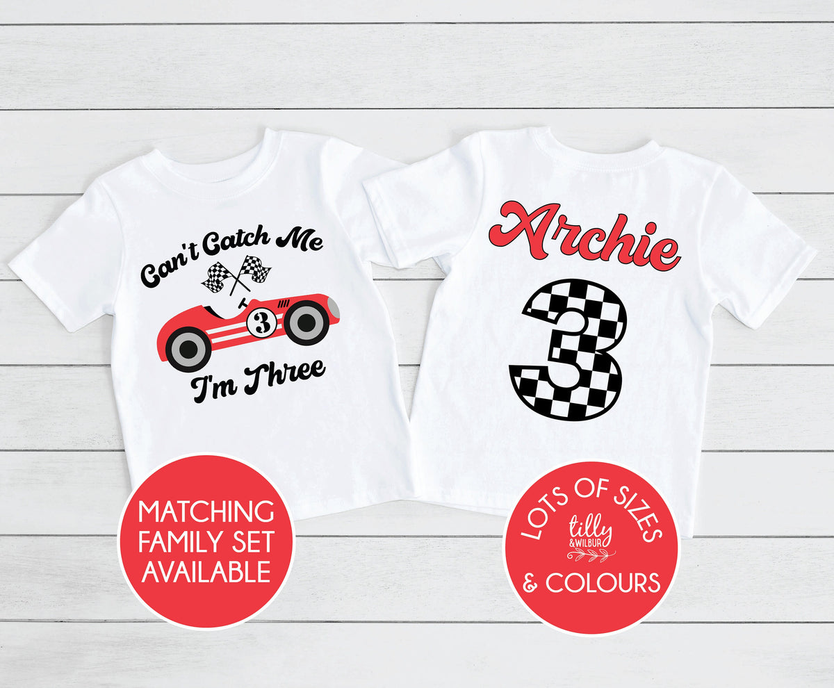 Can&#39;t Catch Me I&#39;m Three T-Shirt, Three T-Shirt, Personalised 3rd Birthday Shirt, Racing Car Birthday, Motorbike Birthday, Pit Crew Matching