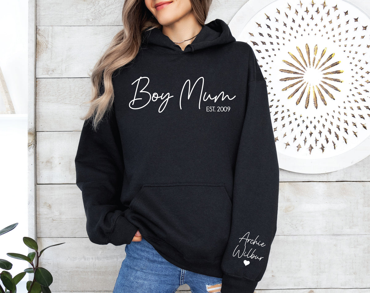 Boy Mum Hoodie With Name On Sleeve, Mama Est Sweatshirt, Mothers Day Gift, Personalised Mum Gift, Mum Life Sweat, New Mum Hoody, Mum of Boys