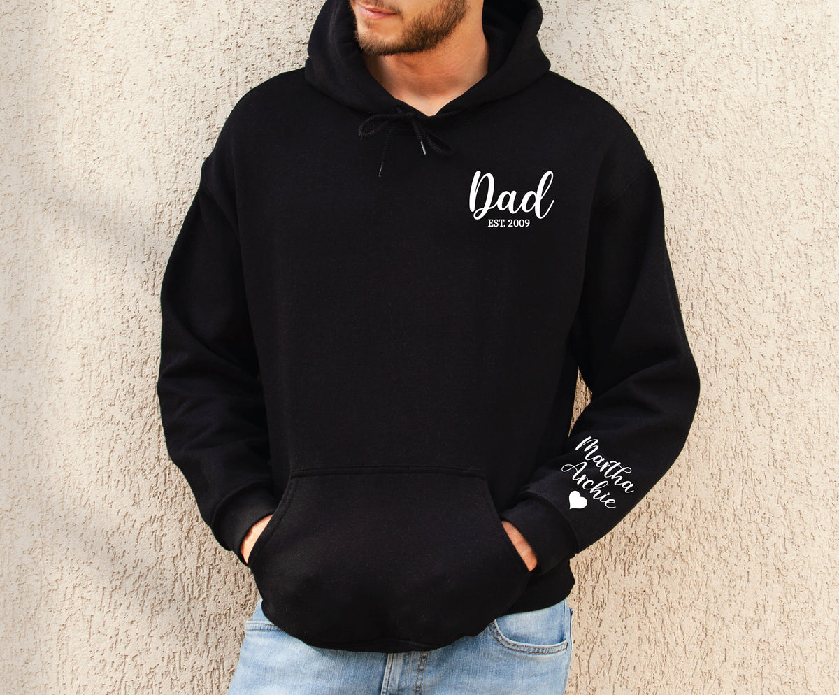 Dad Hoodie With Date And Name On Sleeve, Dad Est Sweatshirt, 1st Father&#39;s Day Gift, Personalised Dad Gift, Dad Life Jumper, New Dad