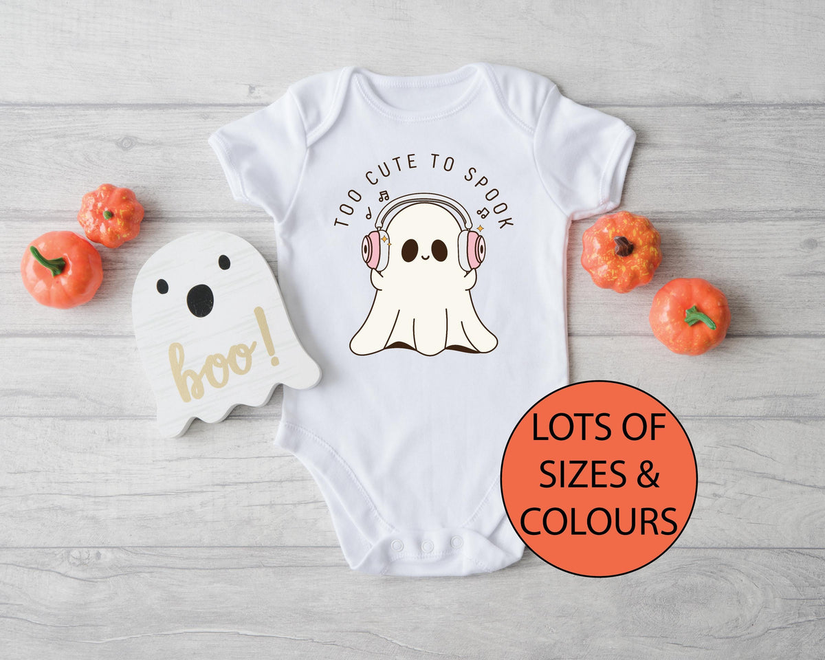 Too Cute To Spook Bodysuit Or T-shirt, Ghost Bodysuit, Ghost With Headphones Bodysuit, Music Lover Ghost T-shirt, Halloween Ghost Outfit