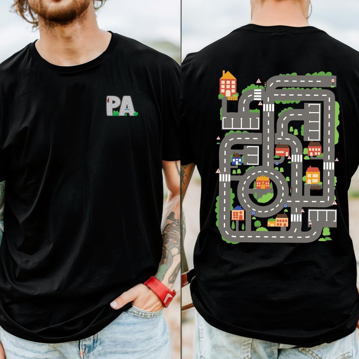 Pa's Car Track T-Shirt, Front And Back Print, Cars On Pa's Back, Funny Father's Day Gift, Racing Dad, Mechanic Pa, Back Massage T-Shirt