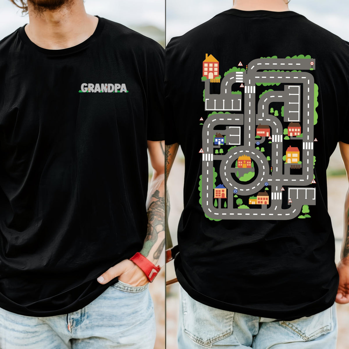 Grandpa's Car Track T-Shirt, Front And Back Print, Cars On Grandpa's Back, Funny Father's Day Gift, Racing Grandpa, Back Massage T-Shirt