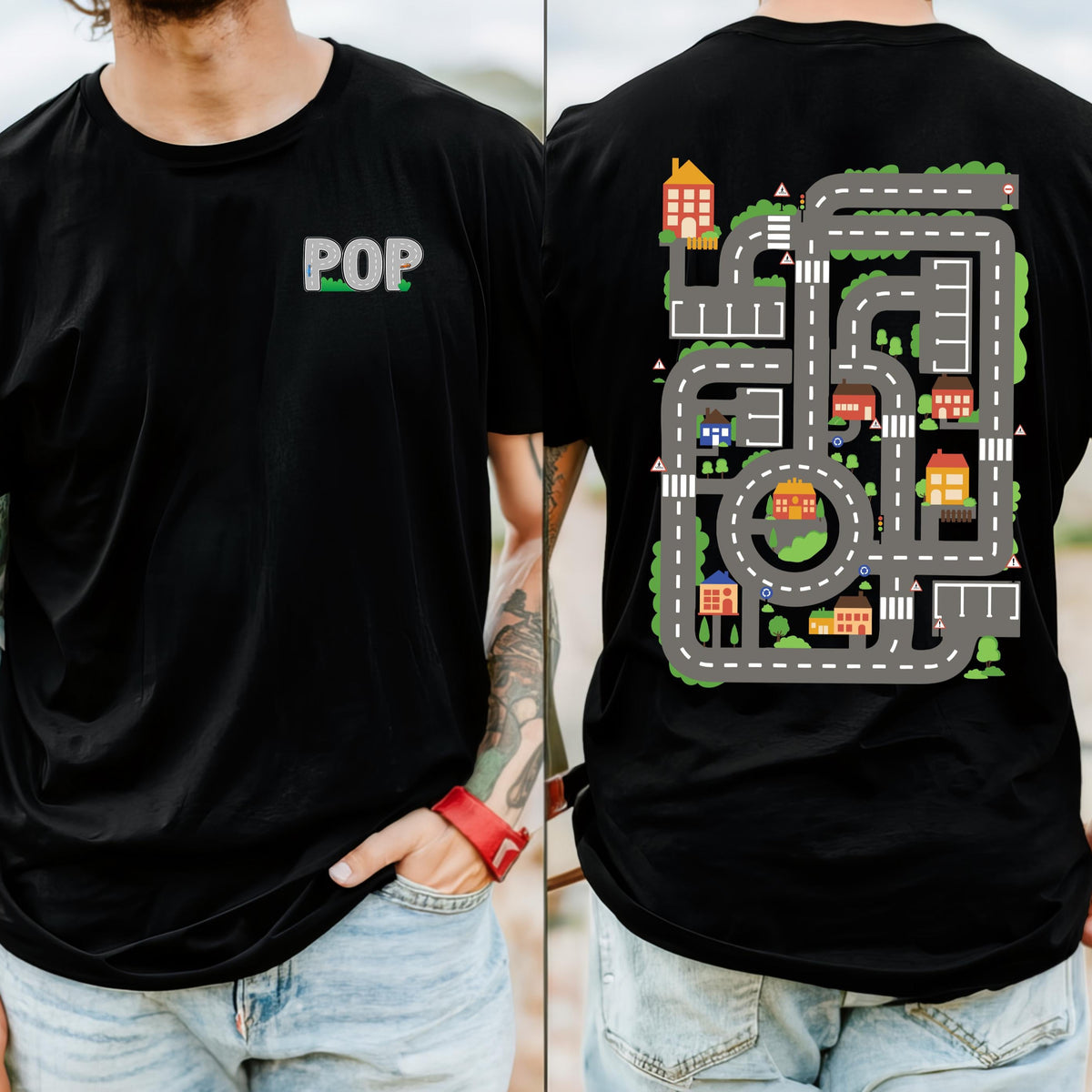 Pop's Car Track T-Shirt, Front And Back Print, Cars On Pop's Back, Funny Father's Day Gift, Racing Dad, Mechanic Pop, Back Massage T-Shirt