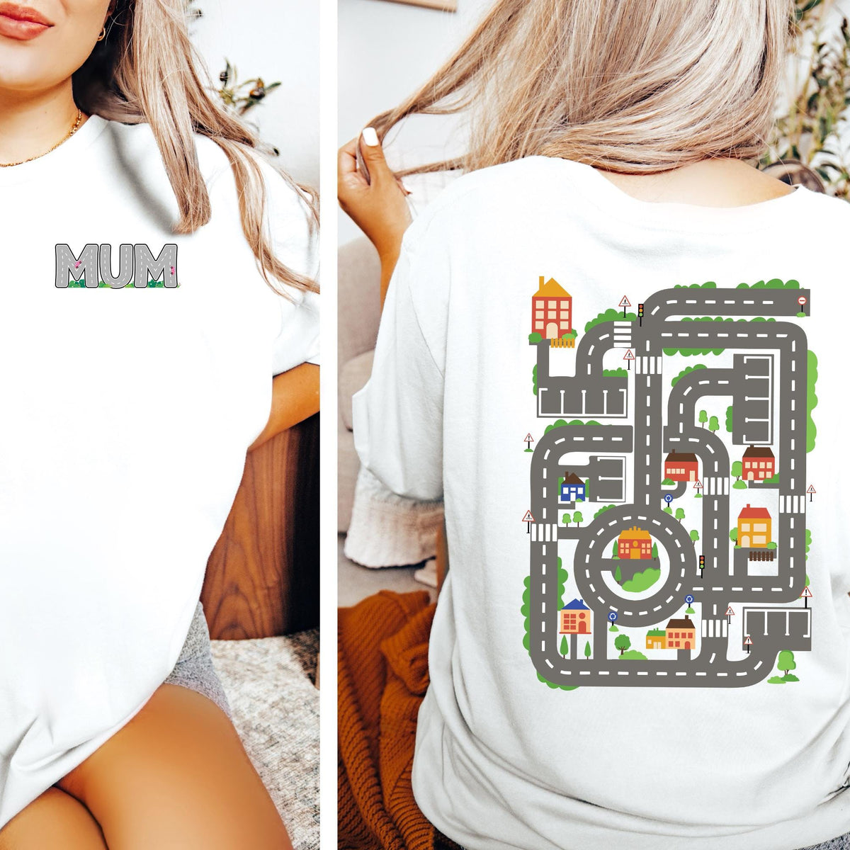 Mum's Car Track T-Shirt, Front And Back Print, Cars On Mum's Back, Funny Father's Day Gift, Car Mum, Soccer Mum, Back Massage T-Shirt