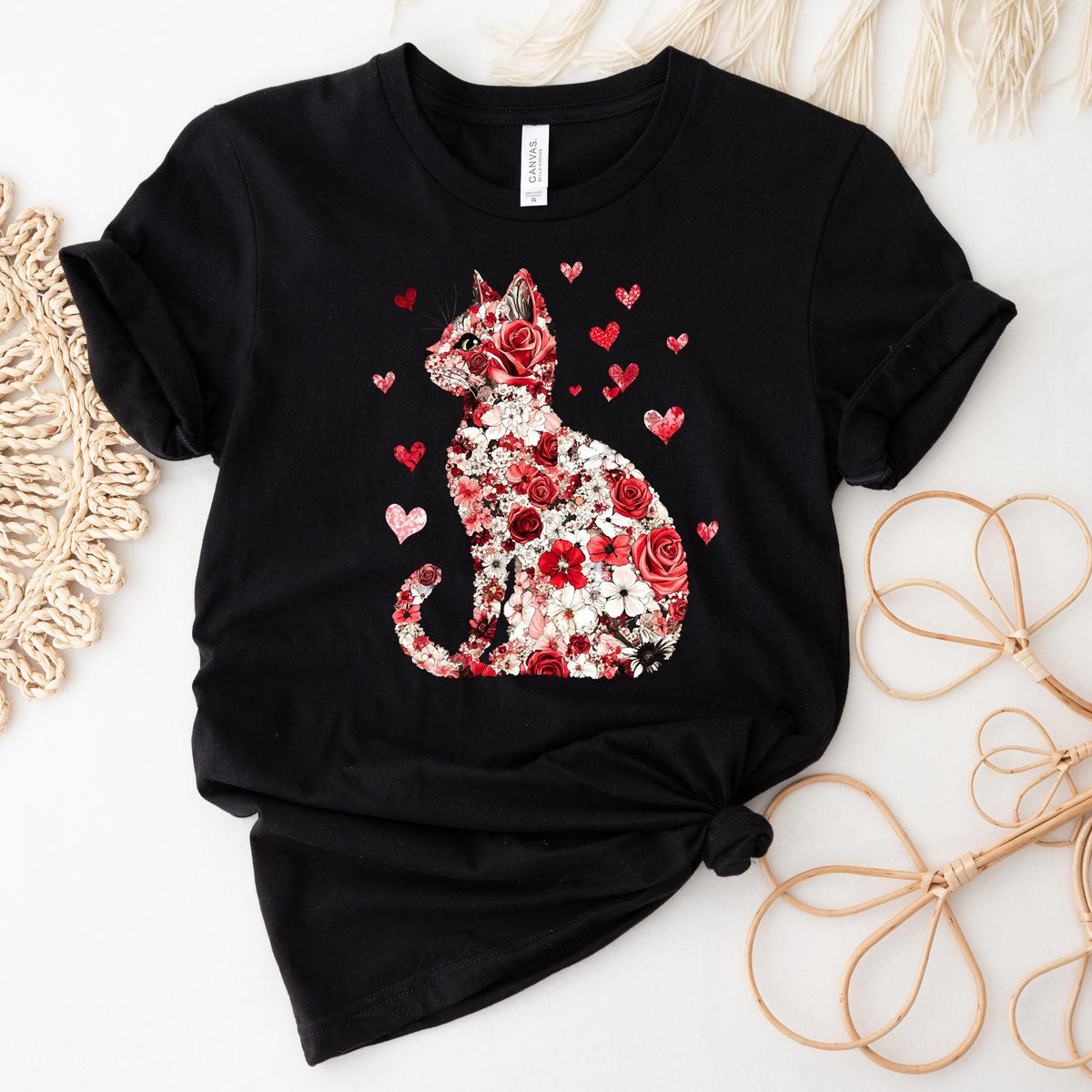 Rose Cat T-Shirt, Valentine&#39;s Day T-Shirt, Cat T-Shirt, Valentine&#39;s Cat T-Shirt, Women&#39;s T-Shirt, Cat T-Shirt, Roses &amp; Hearts